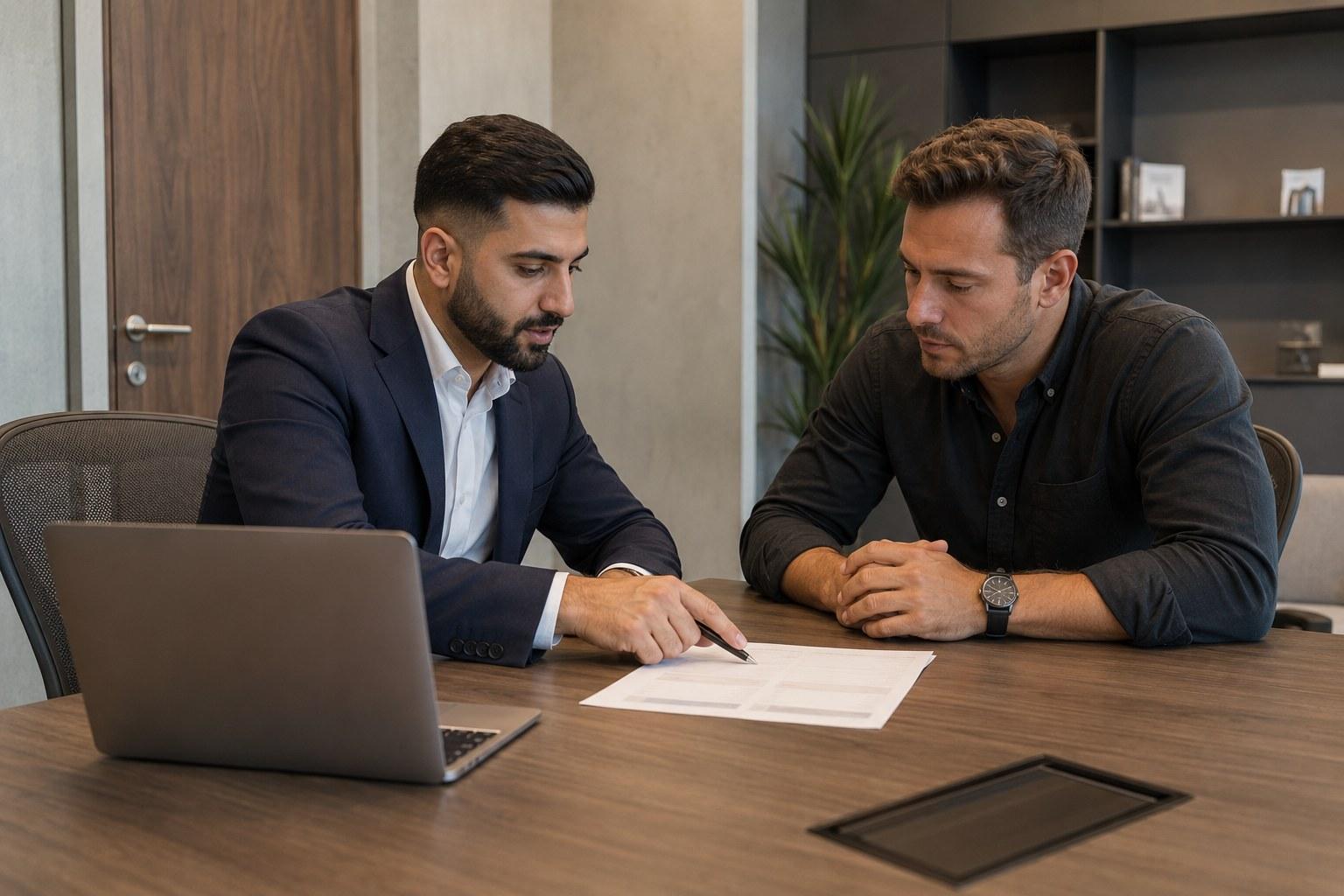 A consultant and a client going through a printed cost sheet at a desk