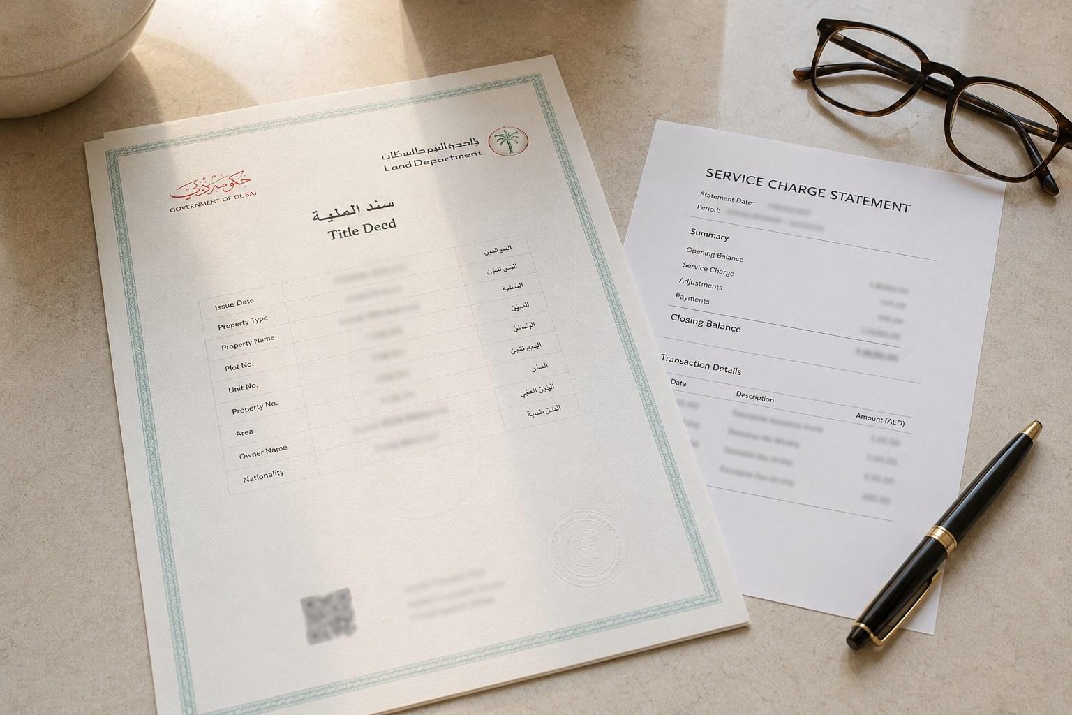 A Dubai title deed and a service charge statement laid out on a desk