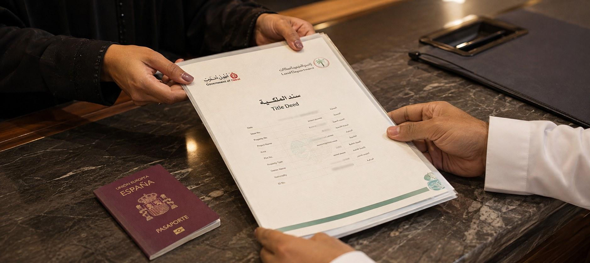 A Dubai Land Department title deed being passed across a counter, a passport resting on the desk beside it