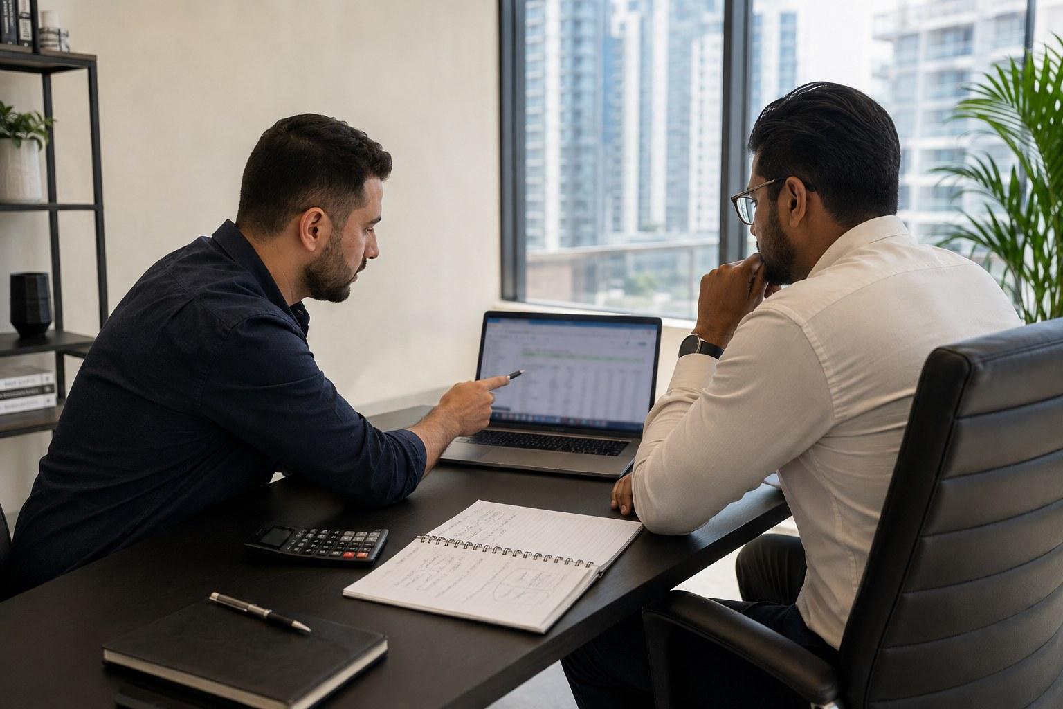 Two people at a desk working through a renewal calculation on a laptop, a calculator and a notebook beside them