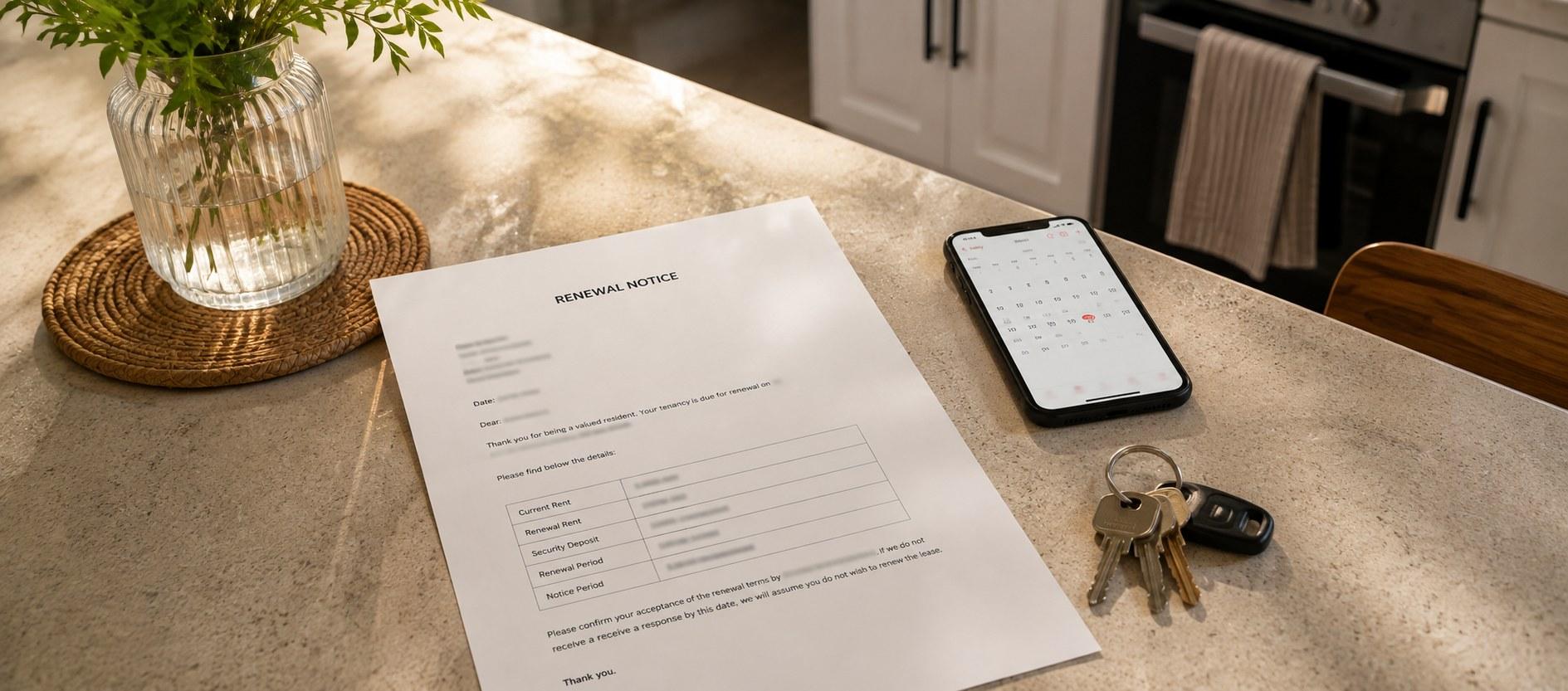 A tenancy renewal notice and a calendar on a kitchen counter