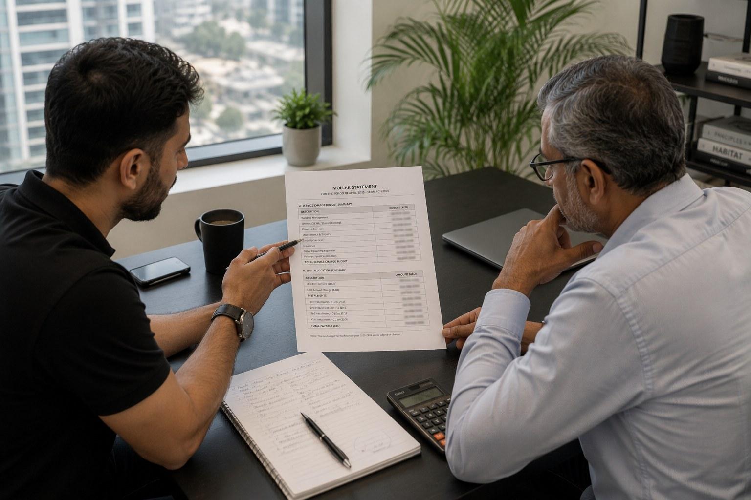 Two people at a desk reading a printed Mollak service charge statement