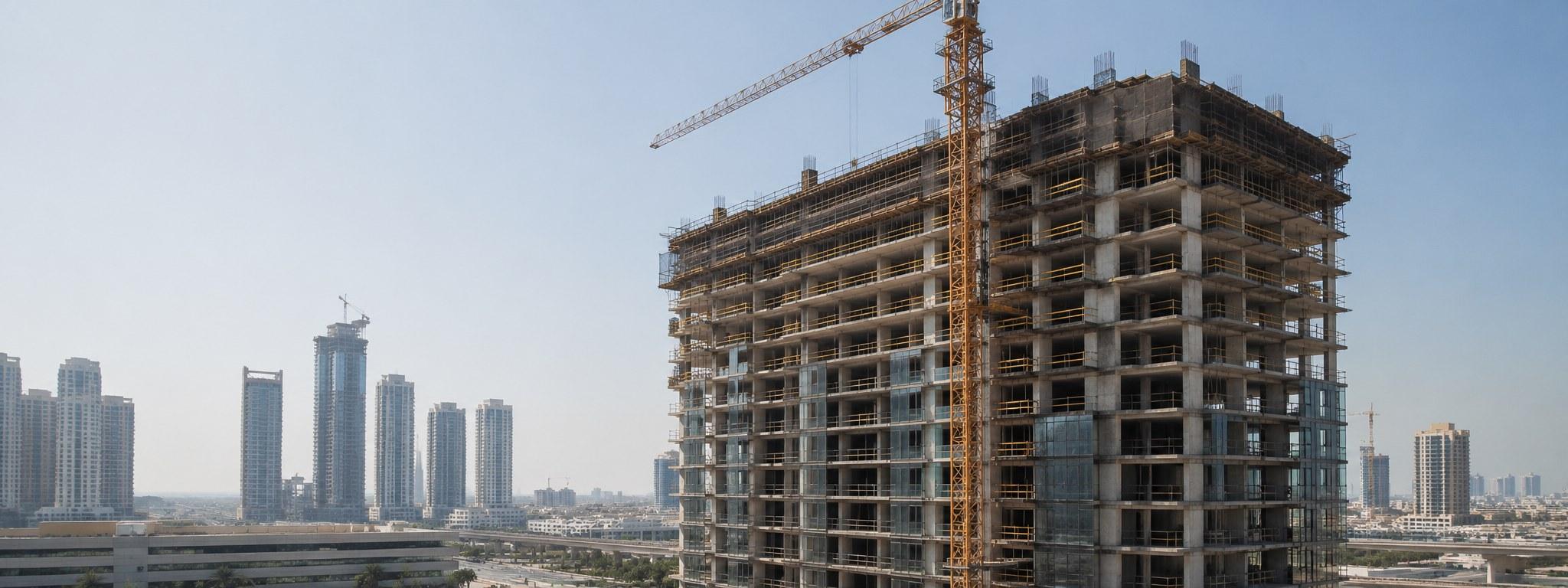 A Dubai residential tower mid-construction, its upper floors still bare concrete frame, a crane alongside it