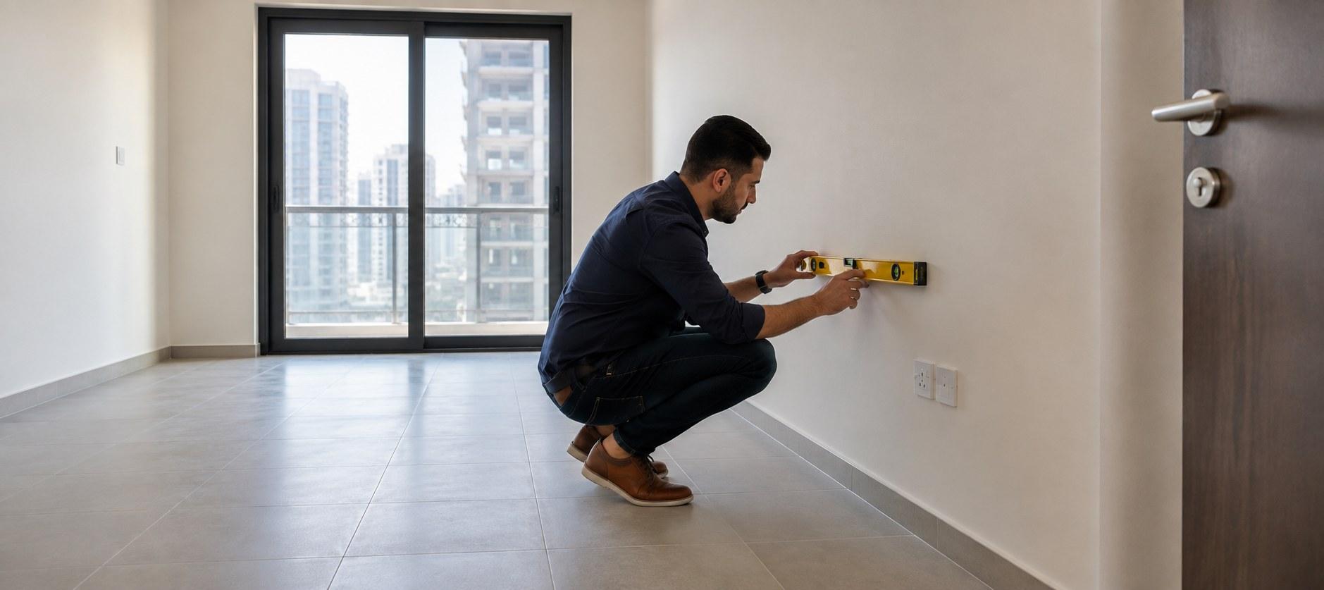 An inspector holding a spirit level against the wall of an empty, newly completed apartment