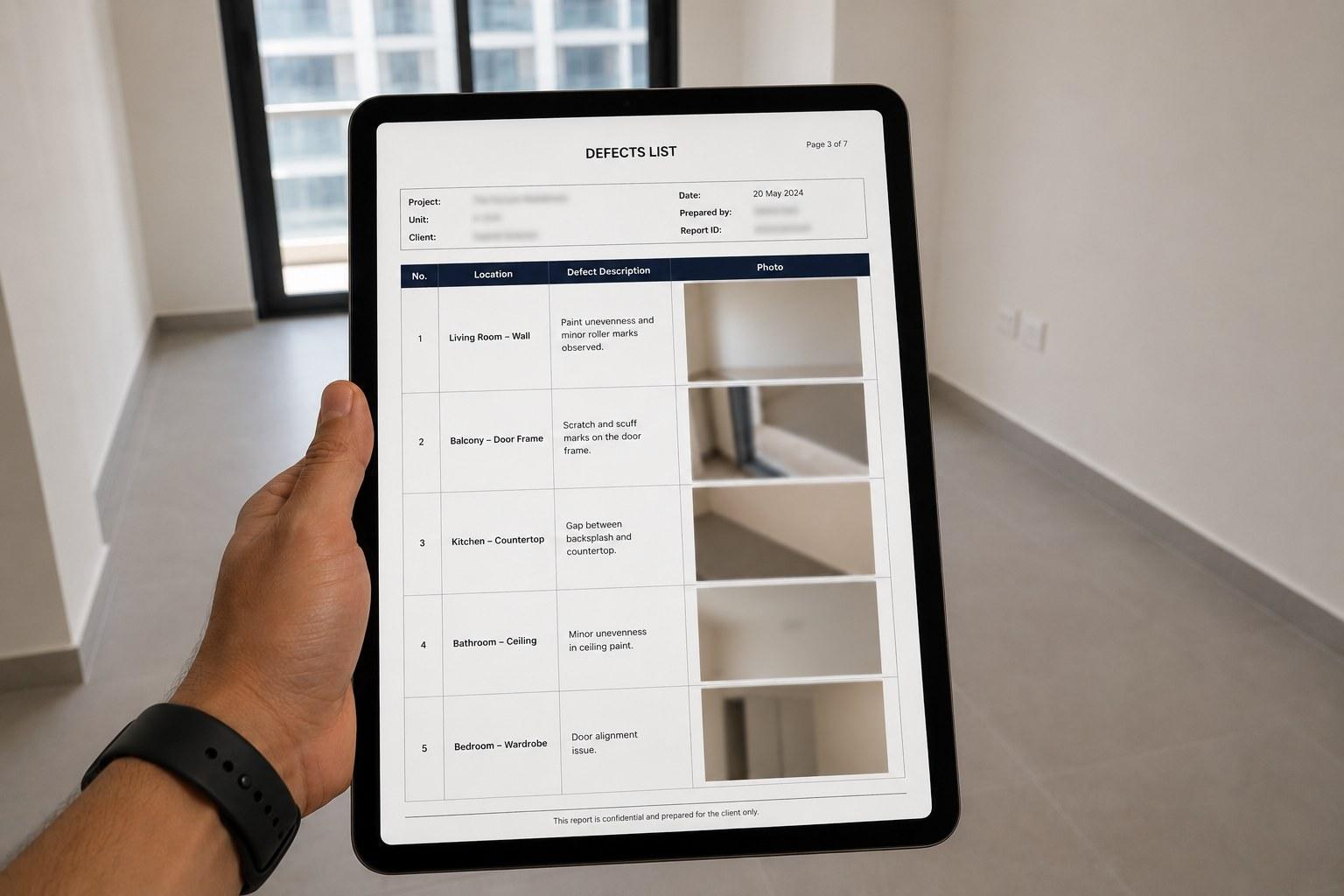 A photographed and numbered snagging list open on a tablet inside an empty apartment